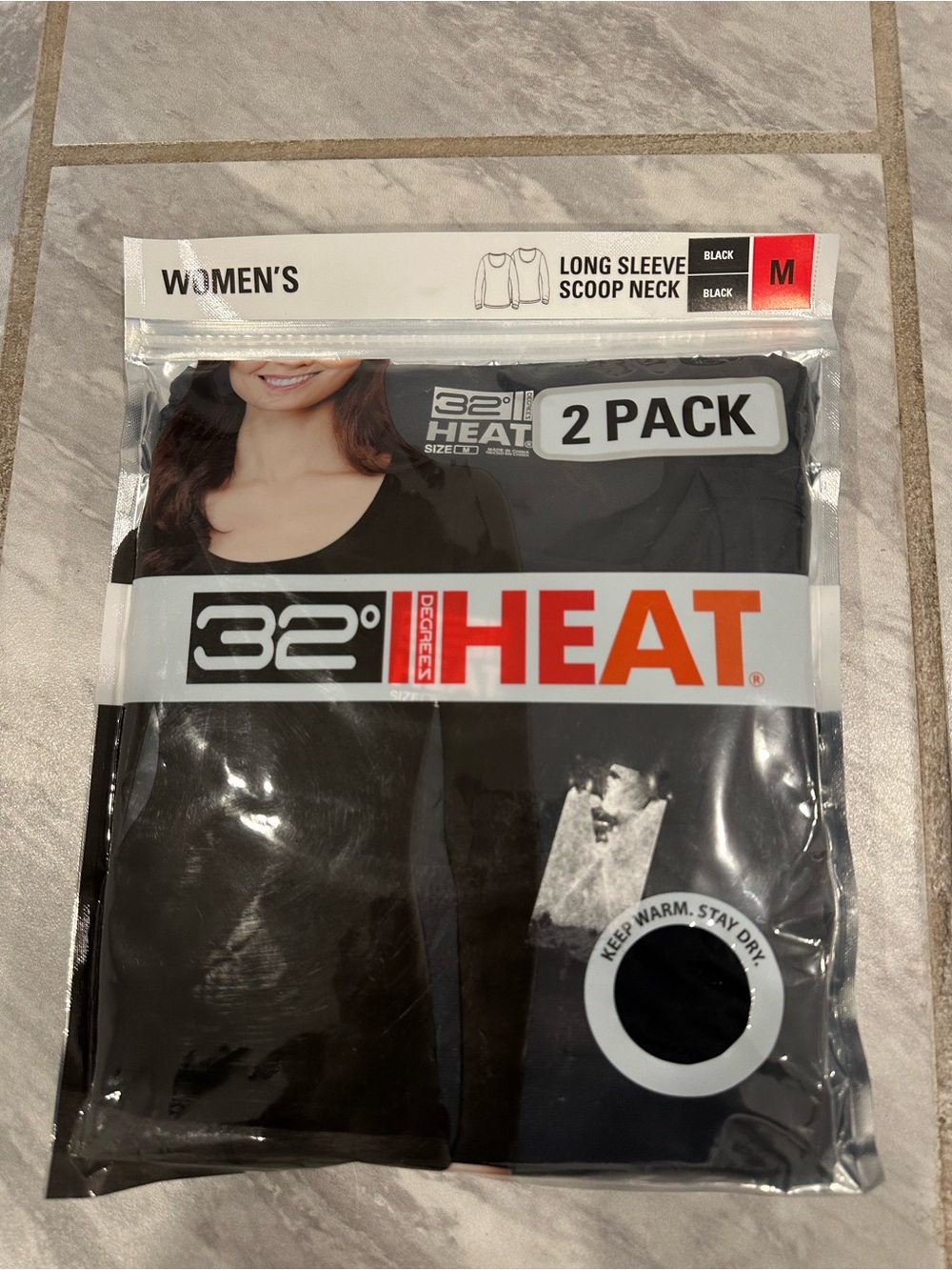 NEW 32 Degrees Heat Women's Long Sleeve Scoop Neck Base Layer Top 2-Pack Black M